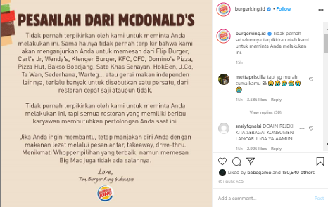 Kampanye Burger King untuk Mendukung Restoran Cepat Saji Lainnya - Image: Instagram @burgerking.id