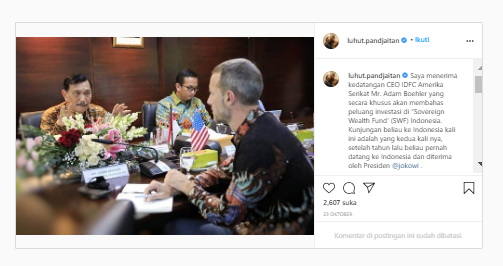 Menko Luhut Pandjaitan bersama CEO DFC Adam Boehler - Image: Instagram