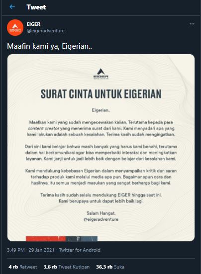 "Surat Cinta" permintaan maaf Eiger - Image: Twitter.com