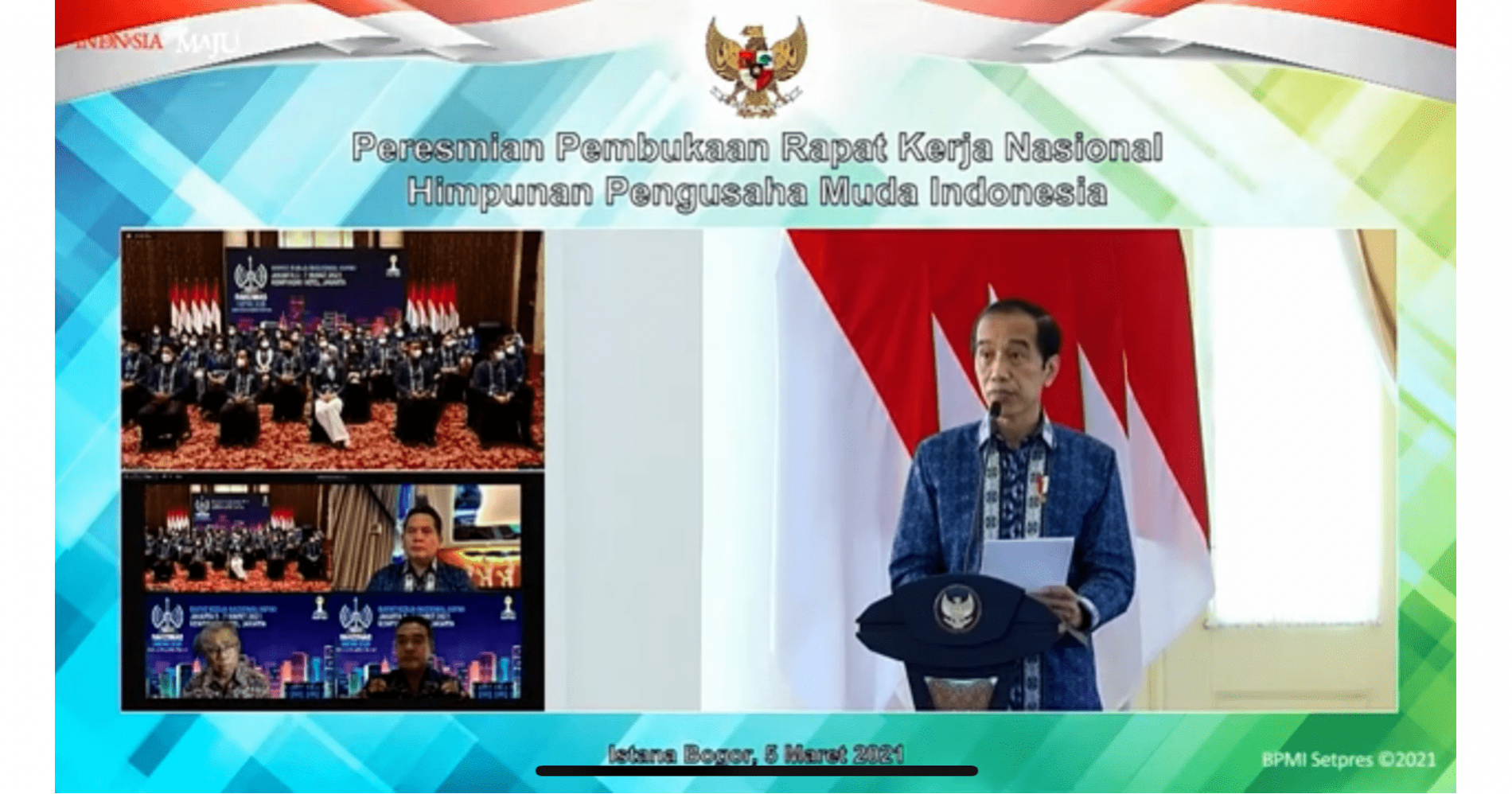 Jokowi saat memberikan sambutan dalam Peresmian Pembukaan Rapat Kerja Nasional, Himpunan Pengusaha Muda Indonesia (Sumber gambar : Youtube Sekretariat Presiden)