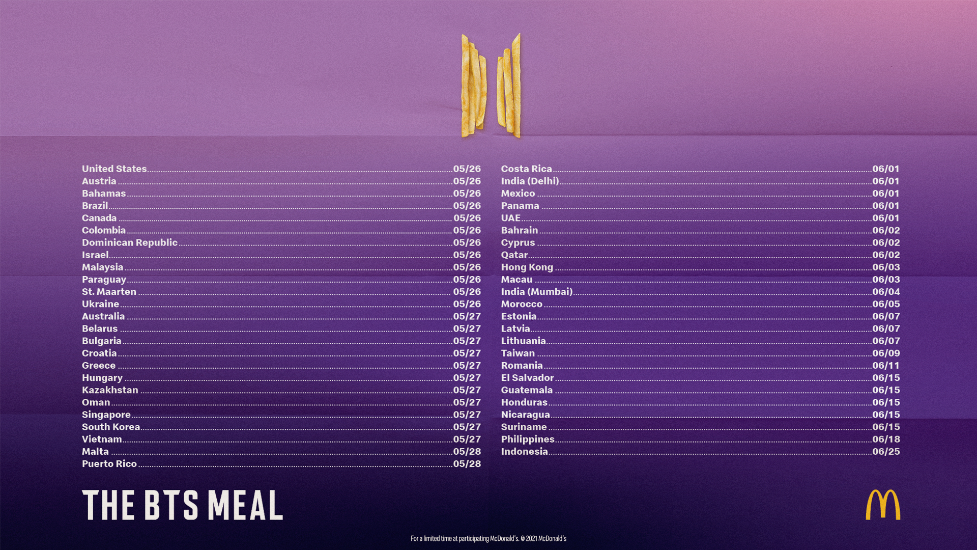 List Negara Promosi BTS Meal ( Sumber : Twitter @McDonalds )
