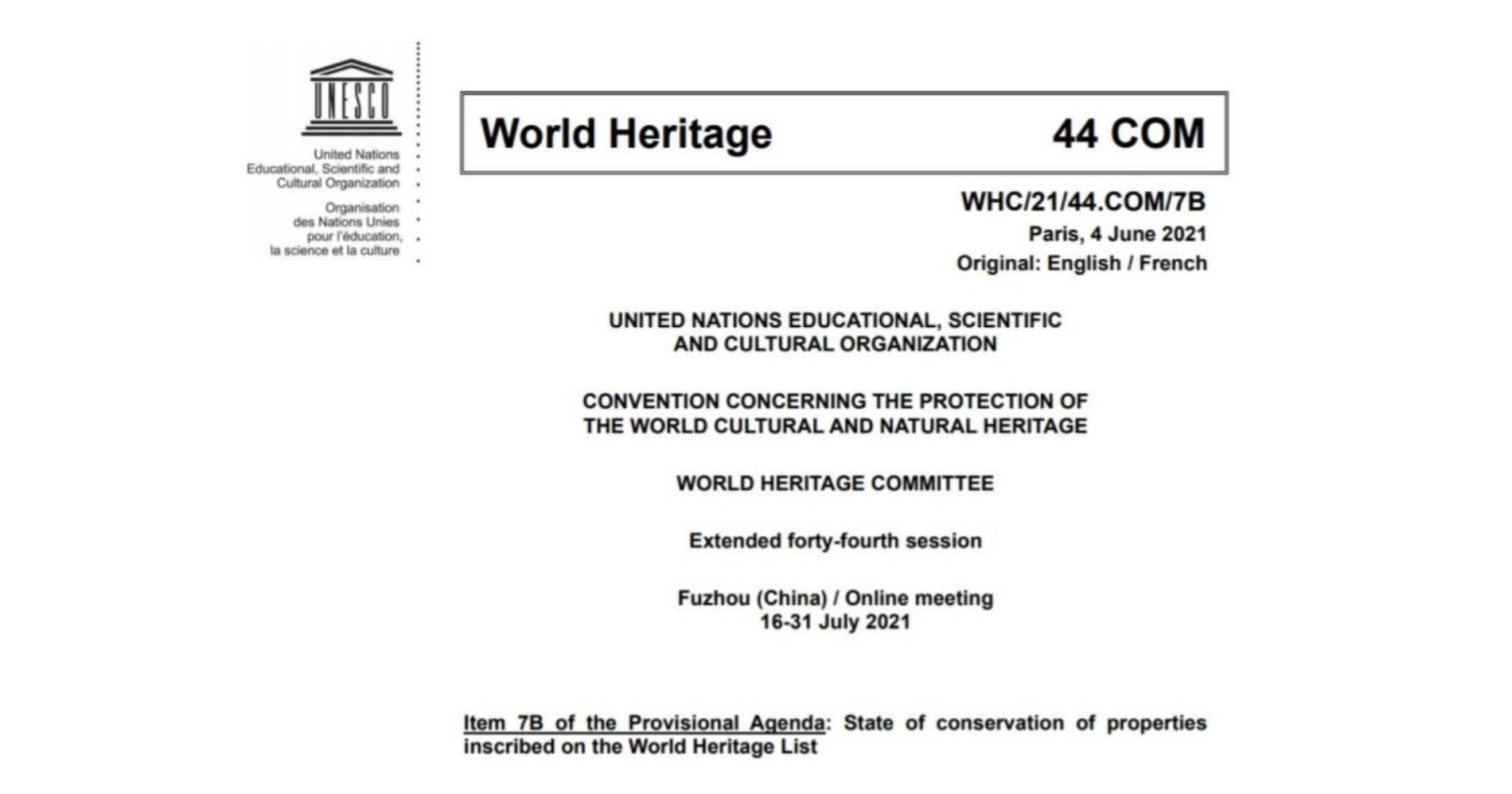 Letter from UNESCO WHC/21/44.COM/7B - UNESCO