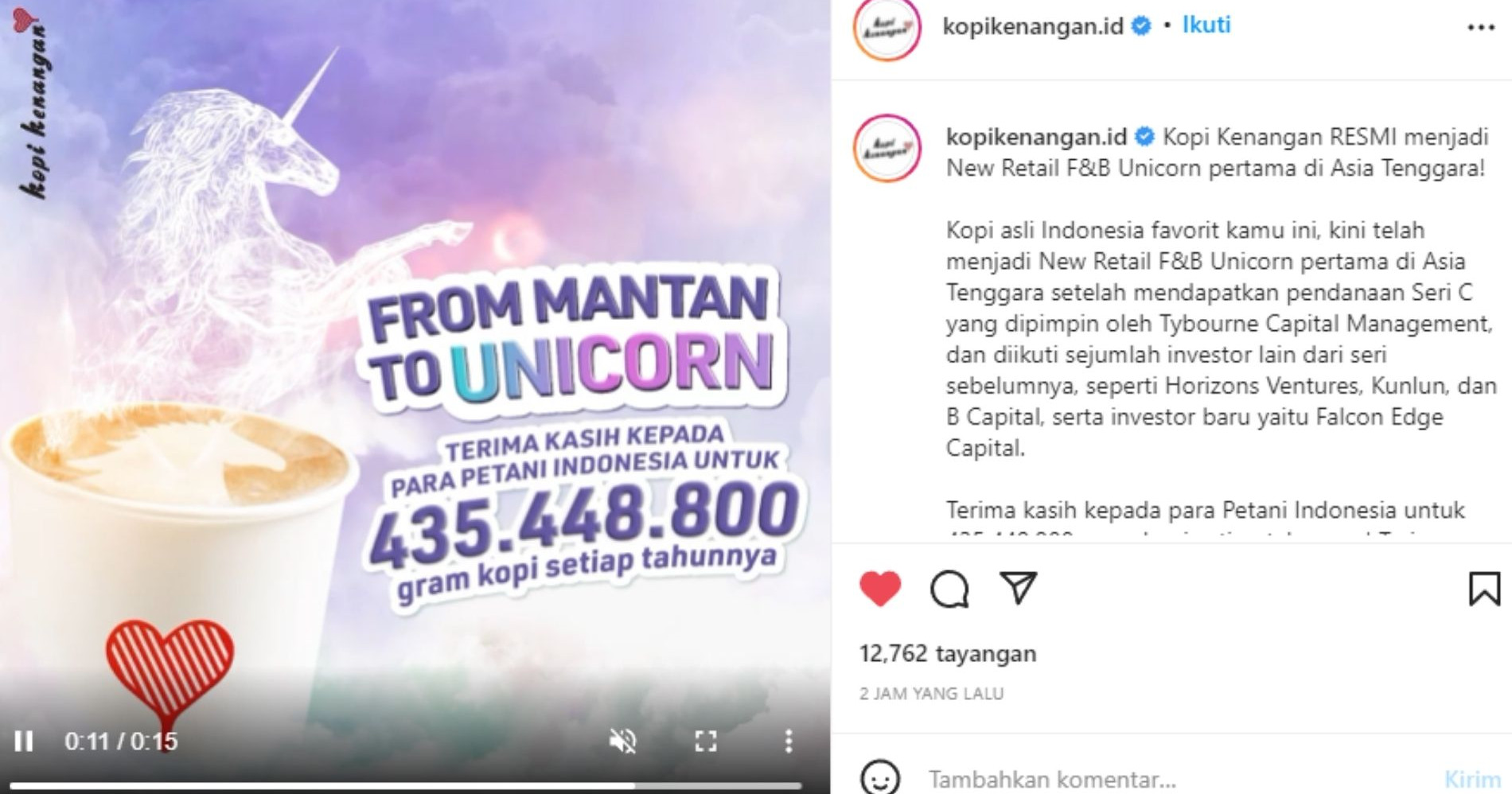 Valuasi Tembus US$1 Miliar, Kopi Kenangan Kini Jadi Startup Unicorn - Image: Instagram Kopi Kenangan