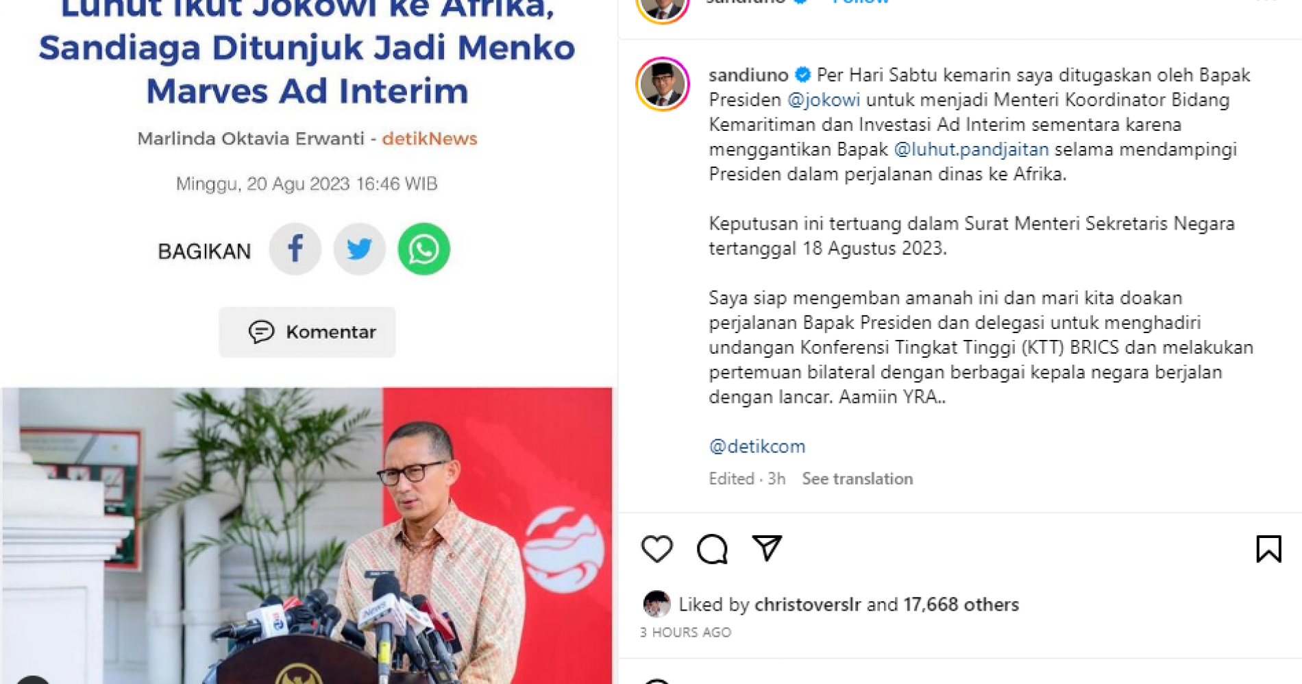 Tanggapan Sandiaga Uno di Instagram setelah mendapatkan mandat baru dari Presiden Joko Widodo (Instagram/sandiuno)