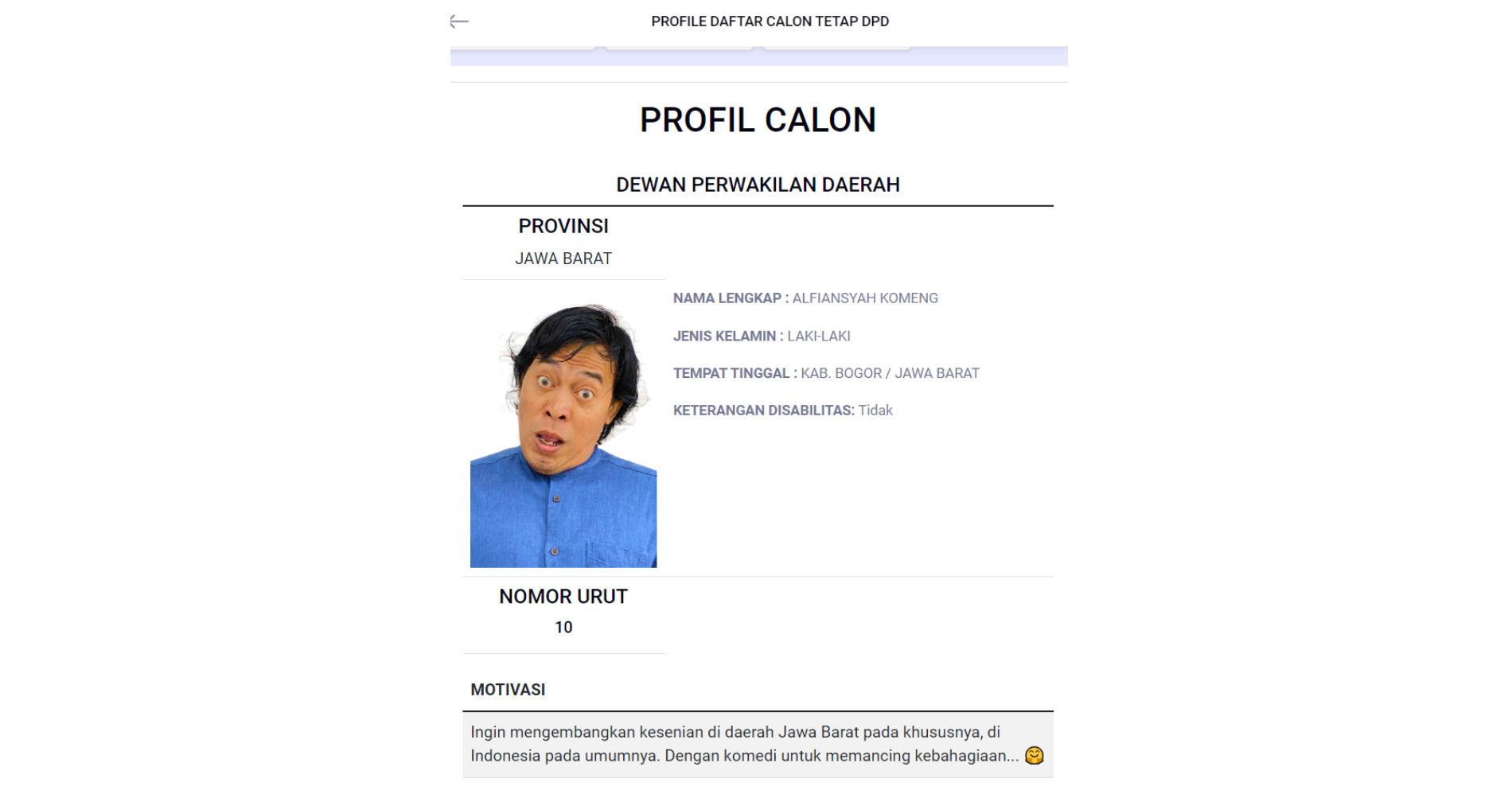 Profil Komeng sebagai Calon Anggota DPD RI Dapil Jabar - Image: KPU