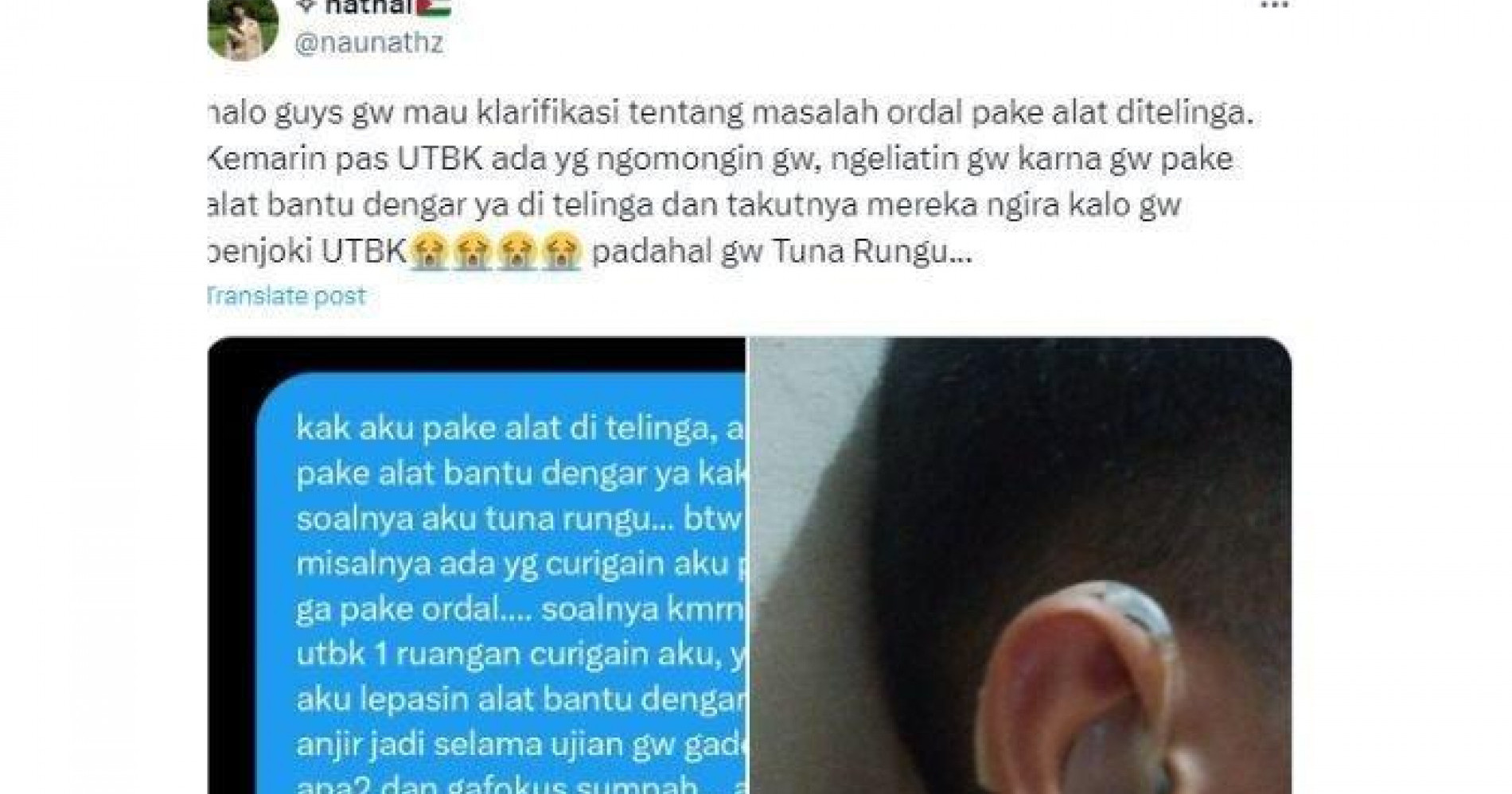 Cuitan dari akun X Naufal Athallah, siswa yang disuruh melepaskan ABD saat UTBK berlangsung. (Sumber gambar: X /@naunathz)