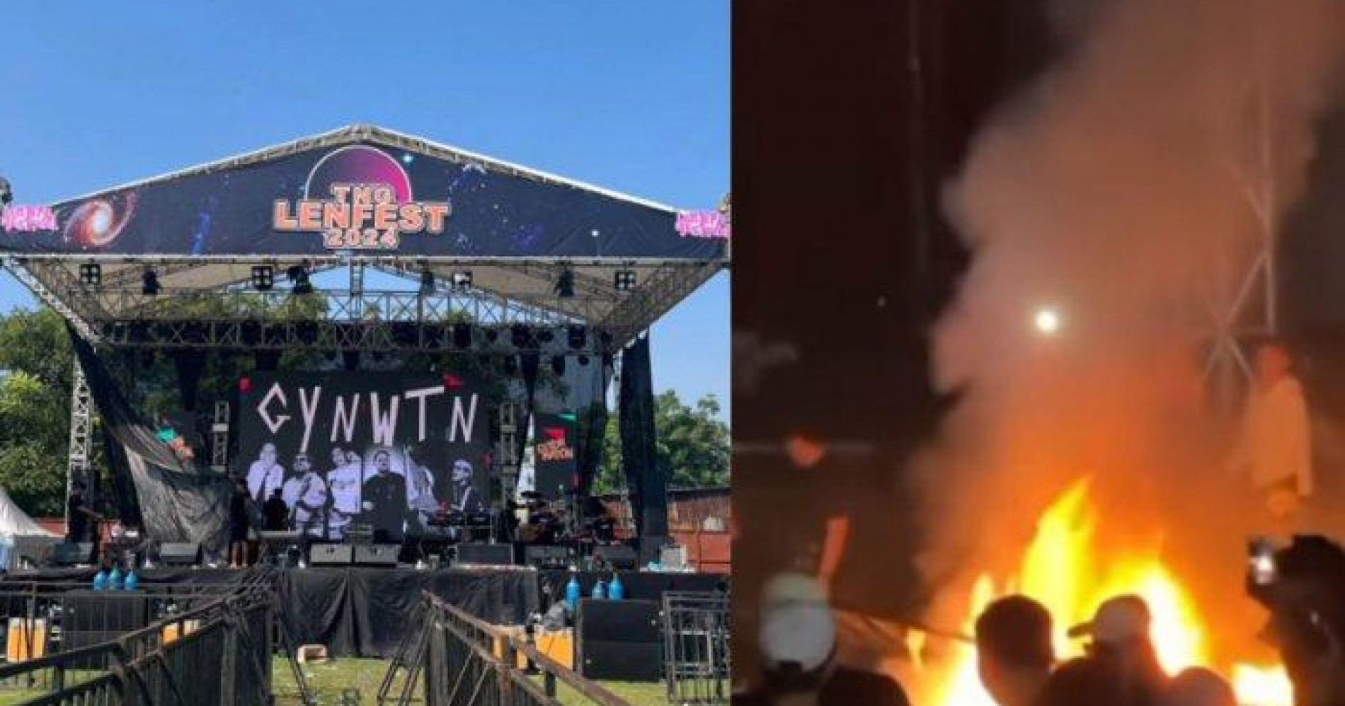 Panggung Tangerang Lentera Festival sebelum (kiri) dan sesudah kejadian pembakaran (kanan). (Sumber gambar: Instagram/@lentera.festival)