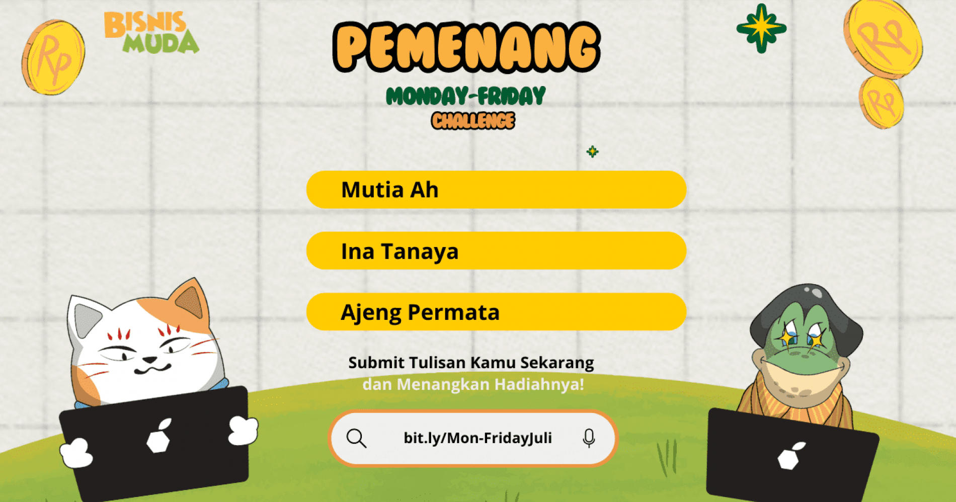 Pemenang tantangan menulis Mon-FridayChallenge, kali ini kembali memanas dan mulai saling kejar mengejar poin (Dokumen Bisnis Muda)