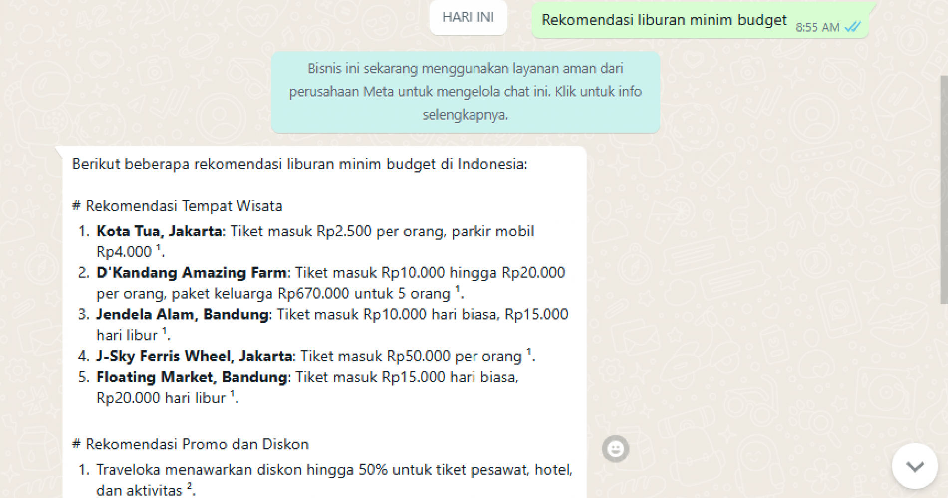 Fitur Meta AI di Whatsapp, Sudahkah kamu mencobanya? (Foto Tangkapan Layar Bisnis Muda)