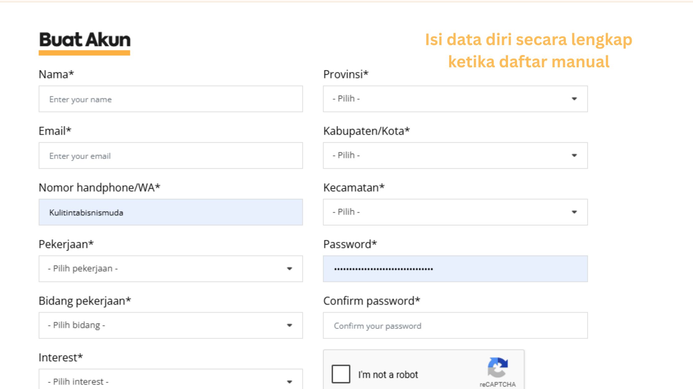 Klik daftar sekarang, lalu isi data diri, klik captcha
