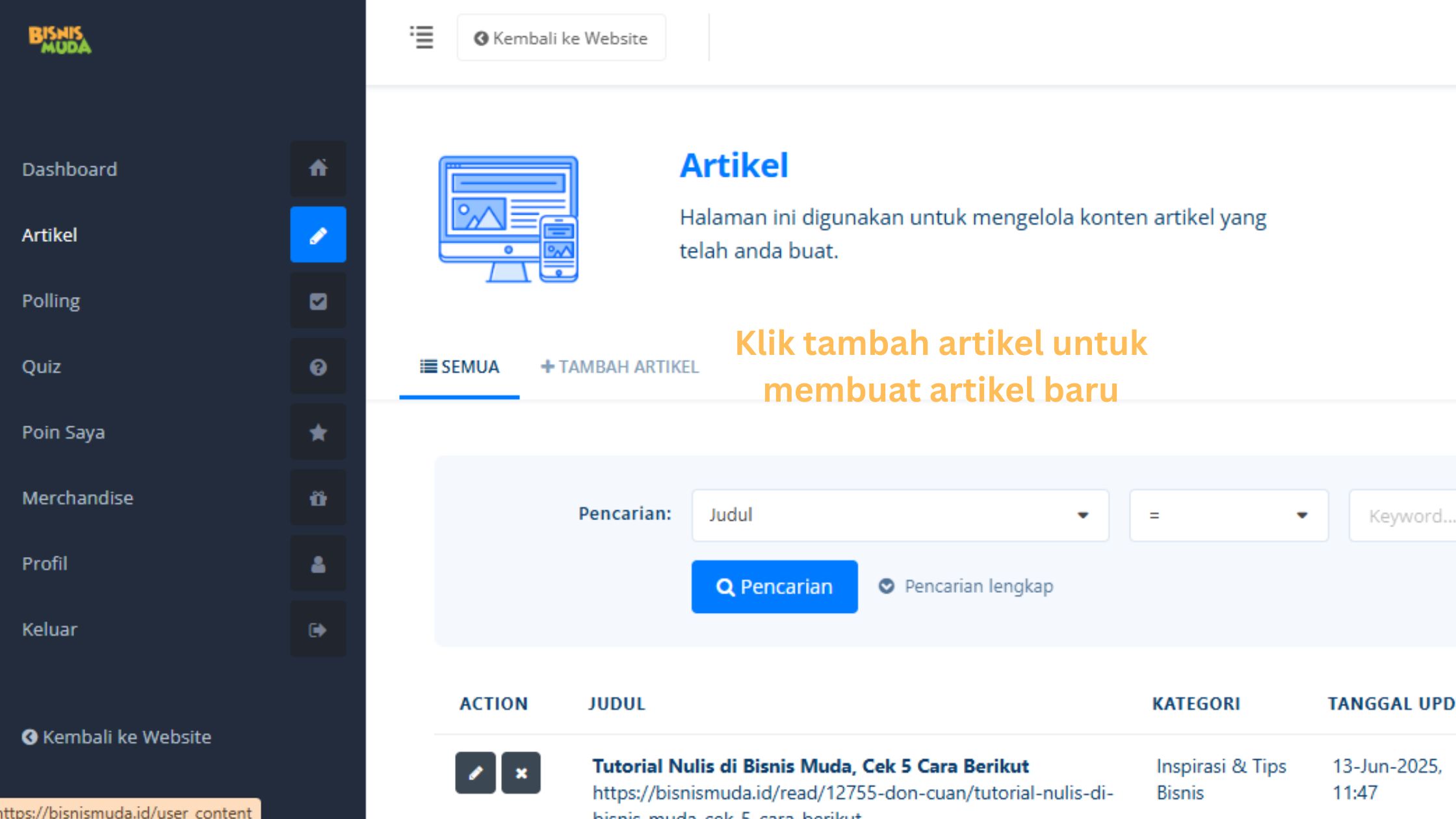 Menambahkan artikel di Bisnis Muda