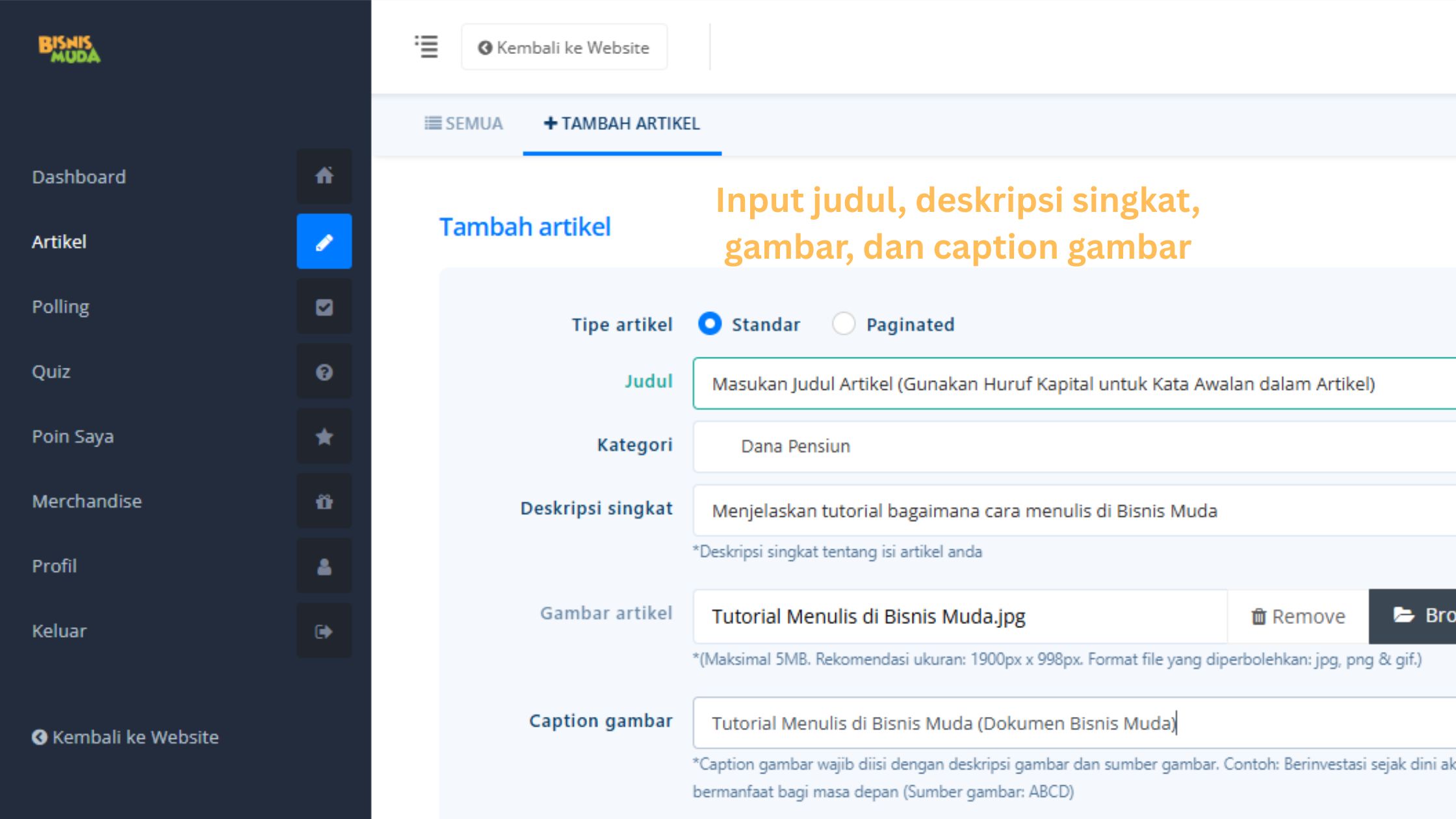 Input judul, deskripsi, gambar, dan caption gambar pada kolom dashboard menulis