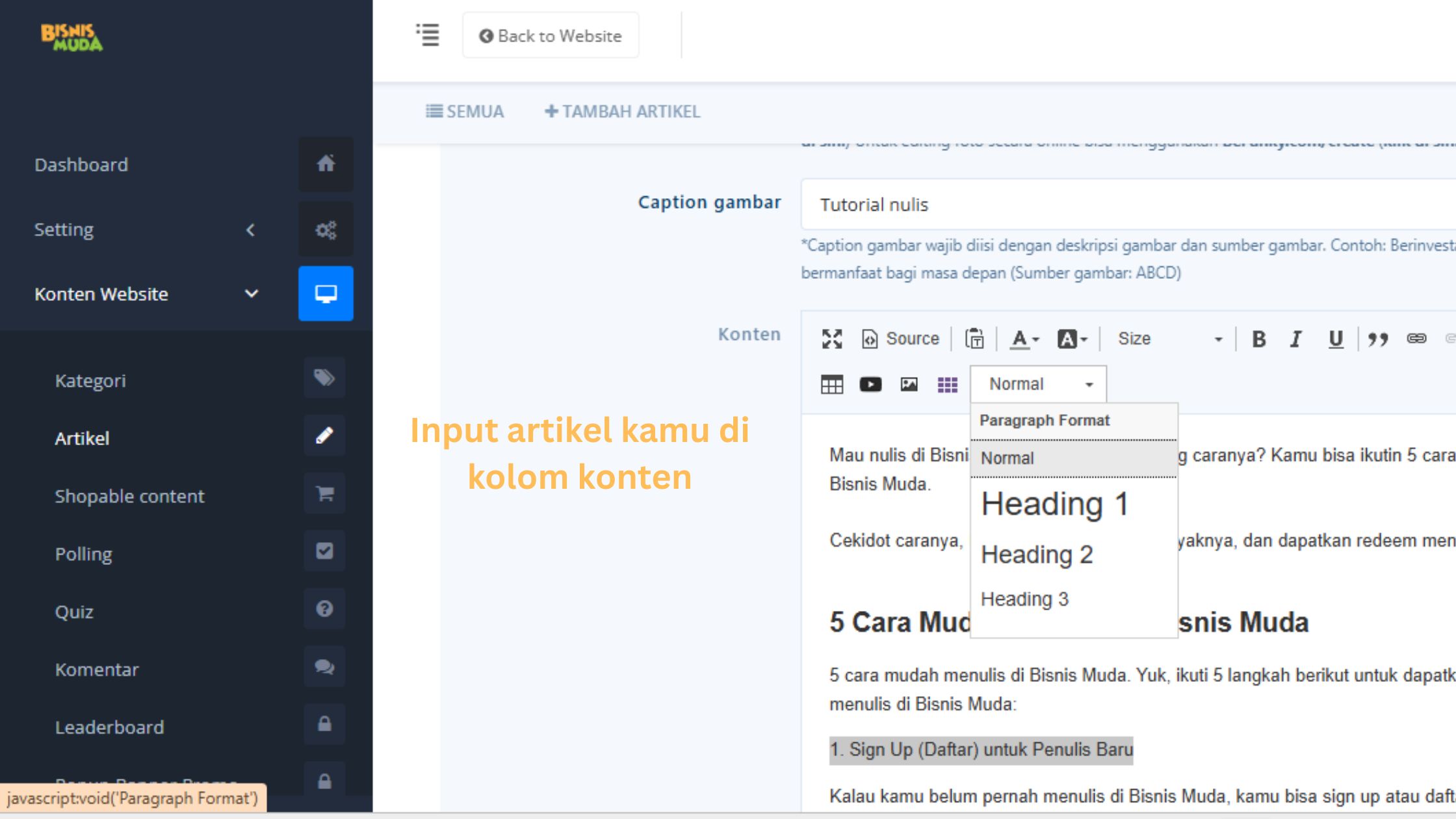 Input artikel di kolom konten, tambahkan sub judul pada bahasan yang berbeda