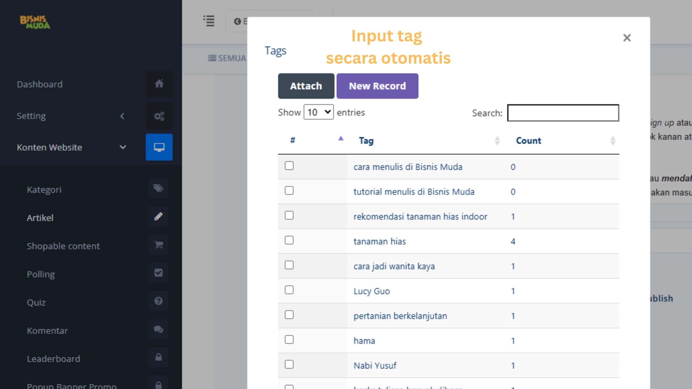 Input tag secara otomatis di website Bisnis Muda. Pilih tag yang sudah tersedia