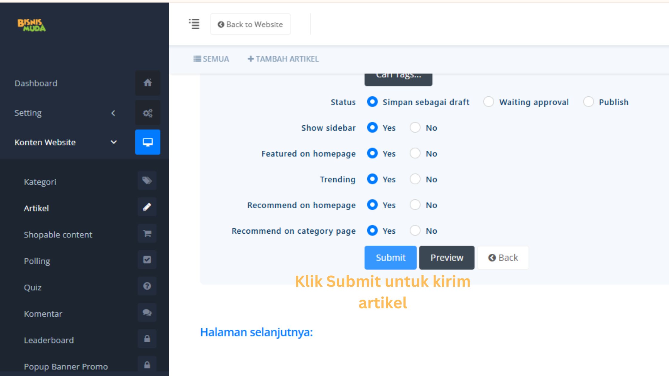 Klik Submit Artikel (Tunggu hingga artikel kamu dikurasi Bisnis Muda)