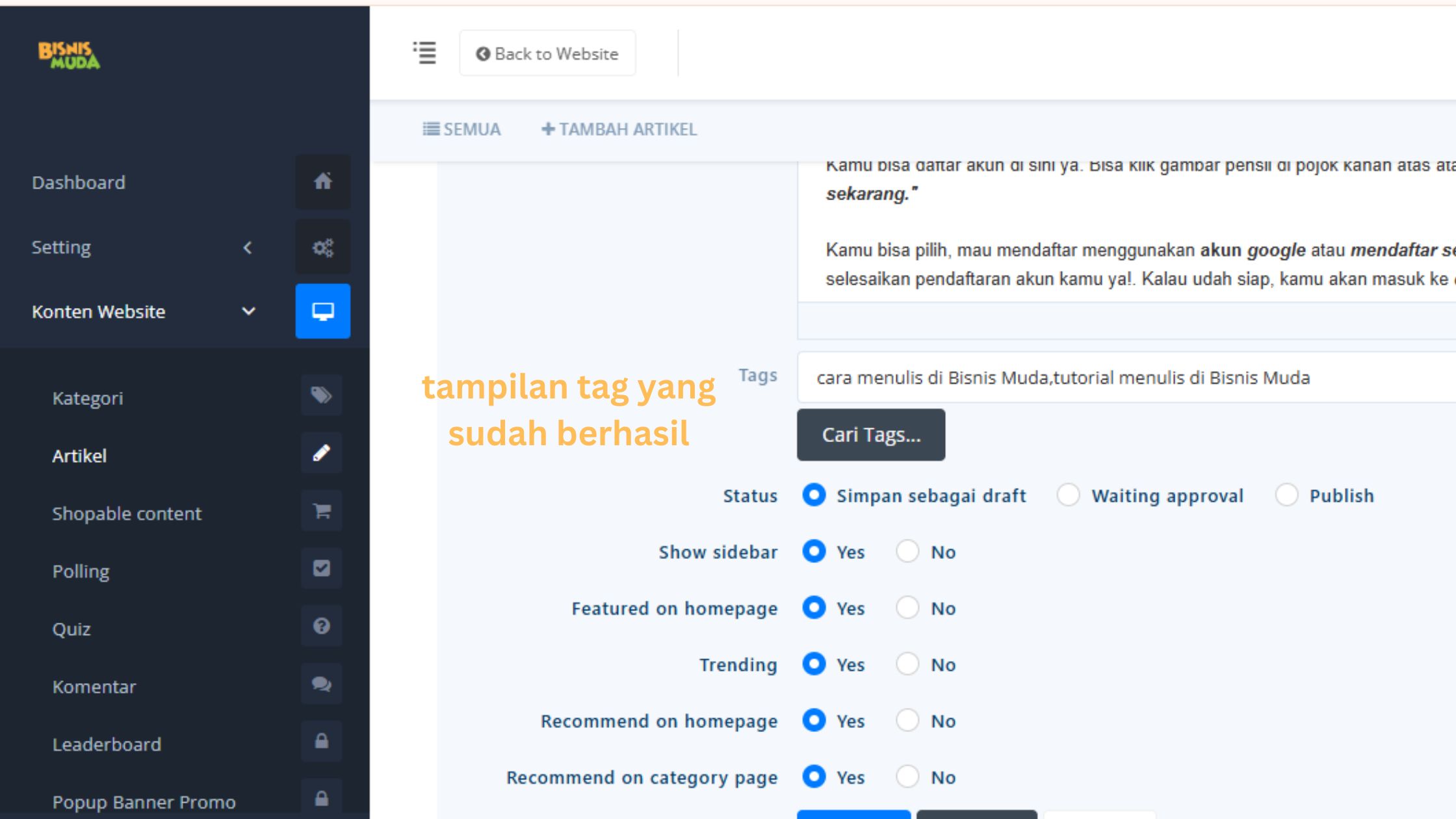 Contoh tag yang berhasil terinput