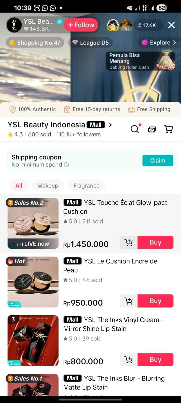 Brand YSL Live di Tiktok (Tangkapan Layar Live Tiktok YSL)