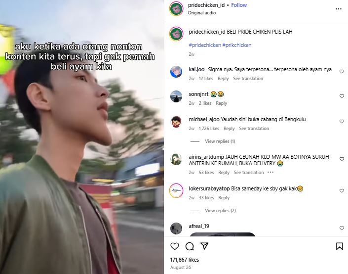 Contoh Akun yang Menerapkan Meme Marketing dengan Sukses (Sumber Instagram: @pridechicken_id)