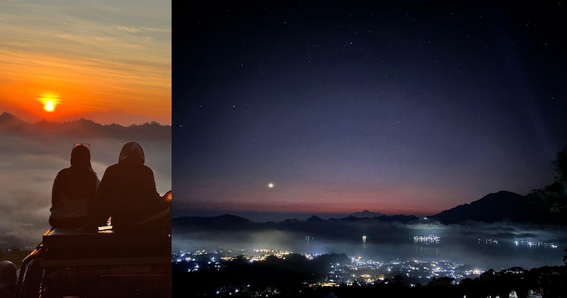 Hasil jepretan driver jeep kami di spot catching sunrise (kiri). Hasil jepretan kamera sebelum mentari menyingsing (kanan)—(Dok. Elsya Rizkia)