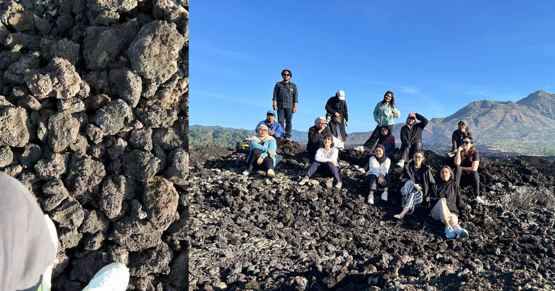 Tekstur koral pada lava yang mengering (kiri). Foto tim dalam satu trip (kanan).—(Dok. Elsya Rizkia)