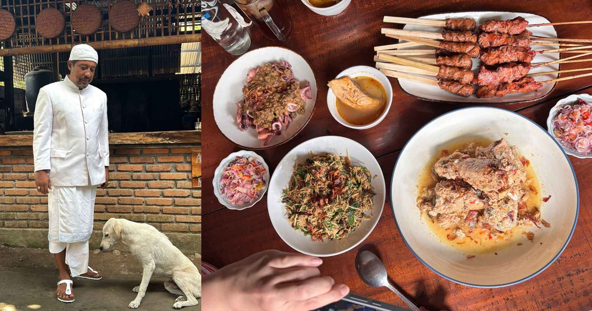 Chef Jro Yudi dengan pakaiannya yang hampir selalu berwarna putih (kiri). Menu santap siang di Dapur Bali Mula (kanan).—(Dok. Elsya Rizkia)
