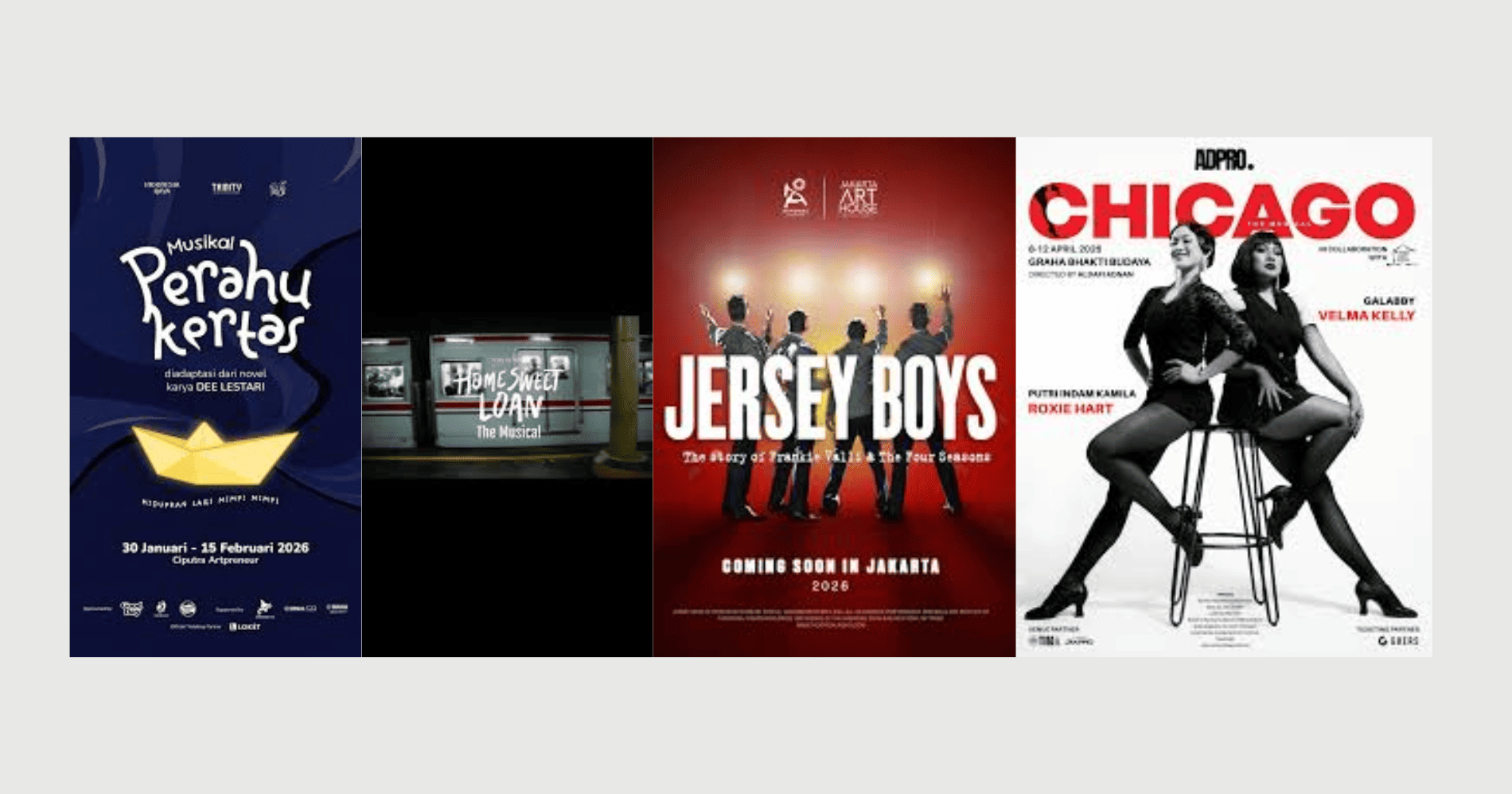 Musikal yang akan hadir di Indonesia tahun 2026 (Sumber: Trinity Entertainment Network, Offical Instagram ADPRO, Official Instagram Nawanika Production, dan Official Instagram Home Sweet Loan)
