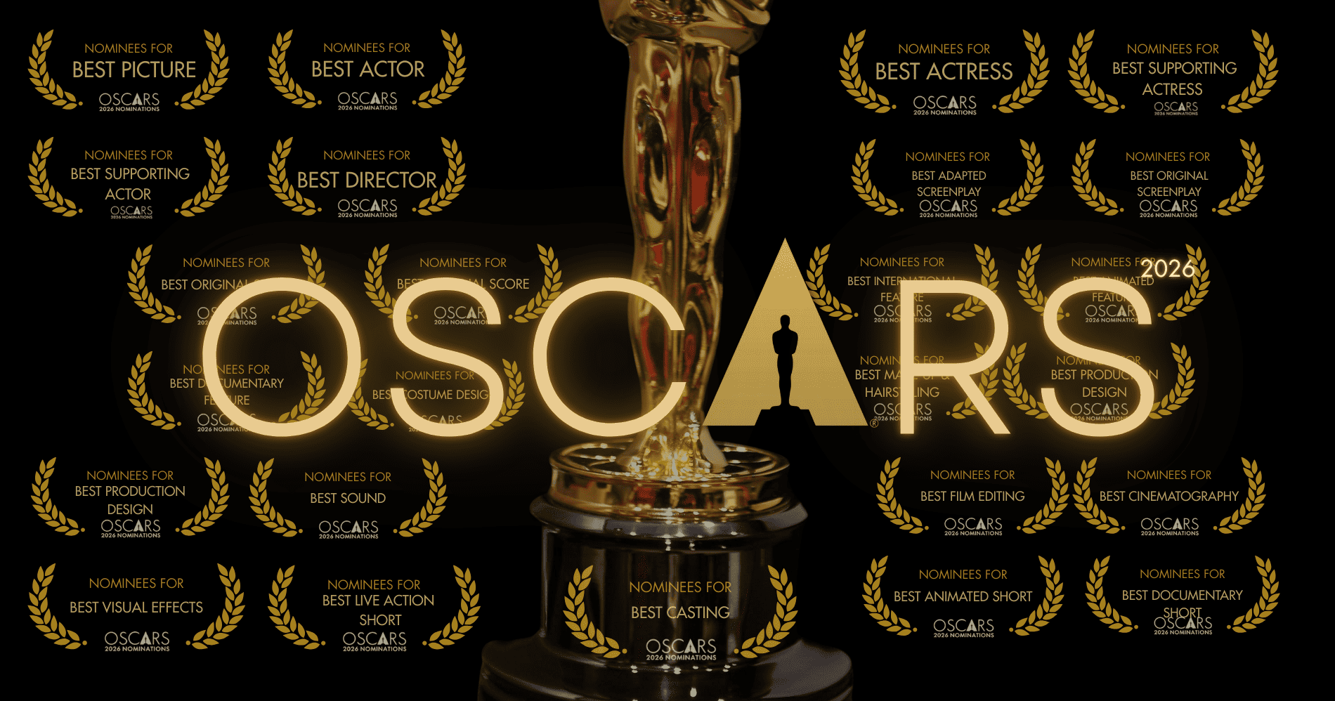 Penghargaan Oscar Awards 2026 (Sumber: Canva, Freepik, dan Official Oscar Awards)