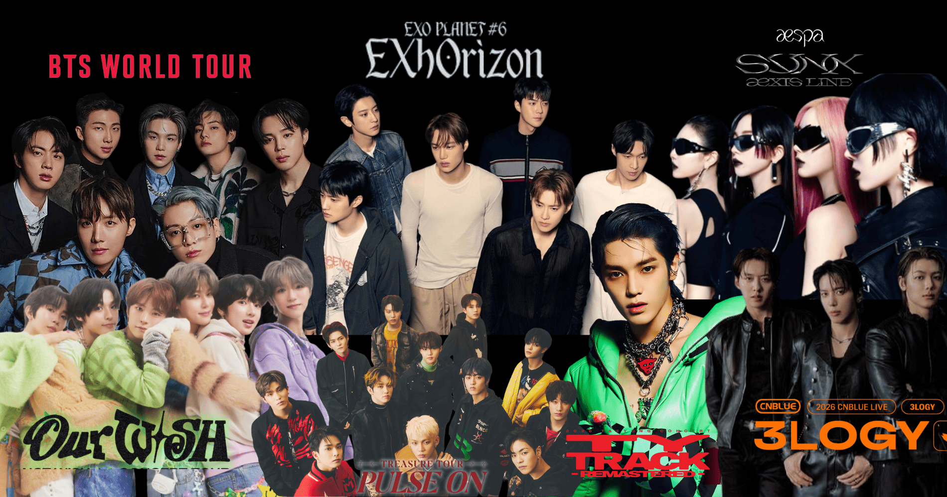 Konser-konser Kpop yang digelar di Indonesia tahun 2026 (Sumber: Weverse, Official Instagram SM Entertainment, Official Website YG Entertainment, Official Website BIGHIT Music, Soompi)